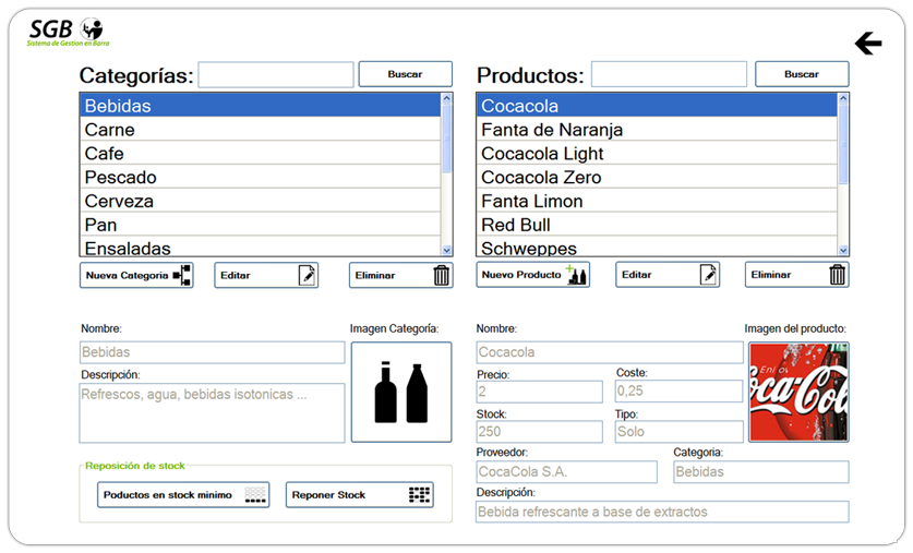 Ventana de gestión de categorías y productos