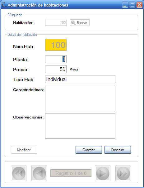 Ventana para editar los datos de una habitación