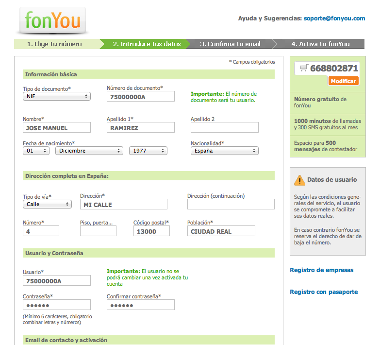 Figura 3. Datos personales para fonYou