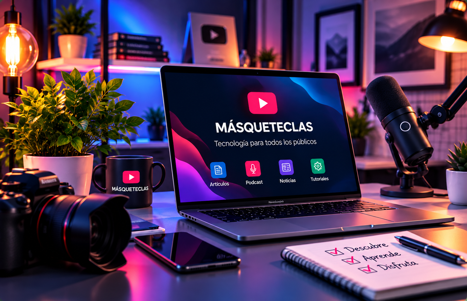 Espacio de creación de contenido de MásQueTeclas, con ordenador, cámara y micrófono